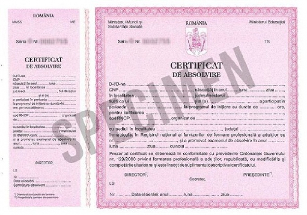 Certificat de absolvire - initiere (emis de  M.M.J.S, M.E.N.) 
