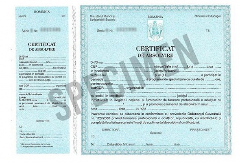Certificat de absolvire - specializare (emis de  M.M.J.S, M.E.N.) 