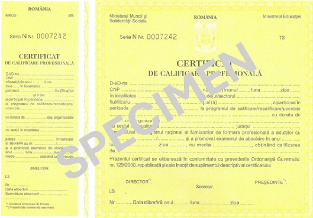 Certificat de calificare (emis de M.M.J.S, M.E.N.)